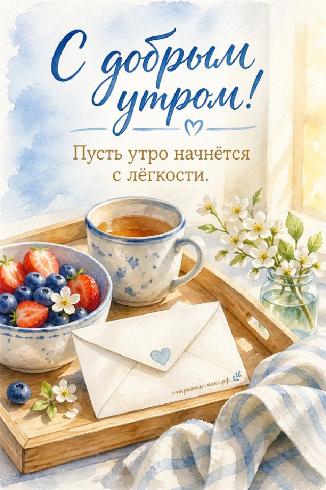 Чашка кофе и ваза с цветами на светлом столе, надпись «С добрым утром», акварель — вариант 4