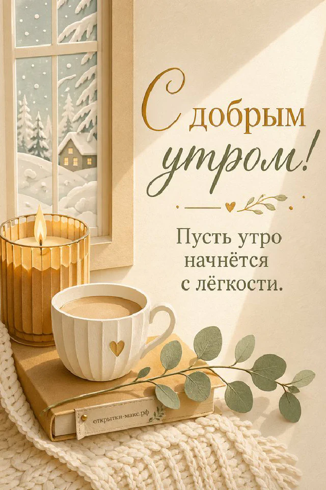 Чашка кофе и ваза с цветами на светлом столе, надпись «С добрым утром», акварель — вариант 3