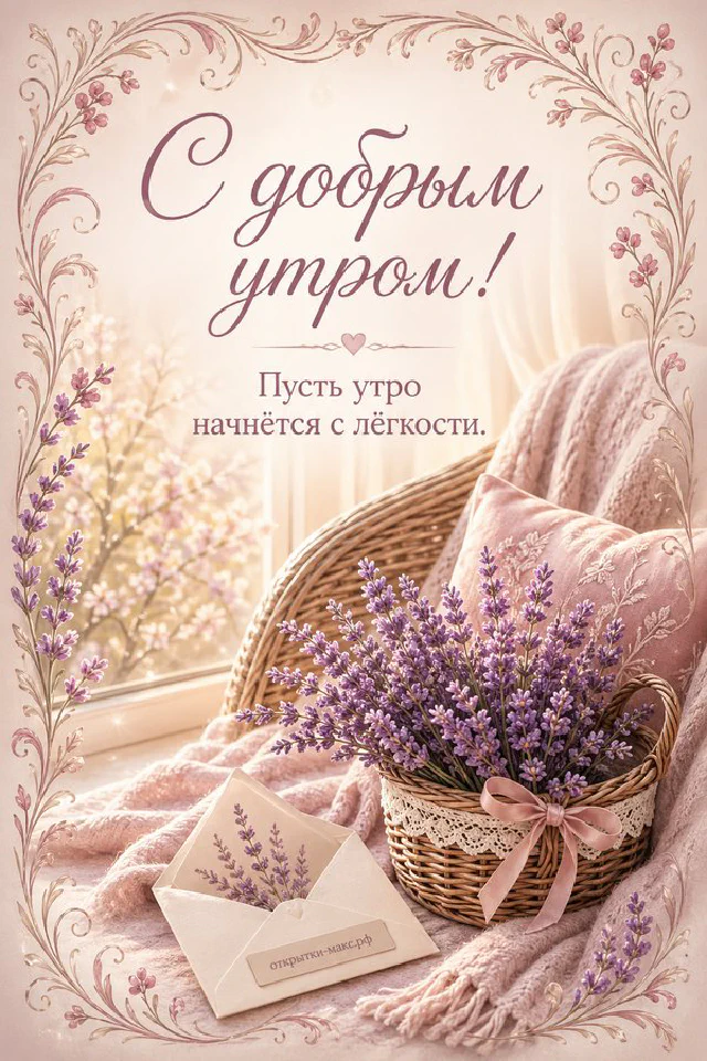 Чашка кофе и ваза с цветами на светлом столе, надпись «С добрым утром», акварель — вариант 5