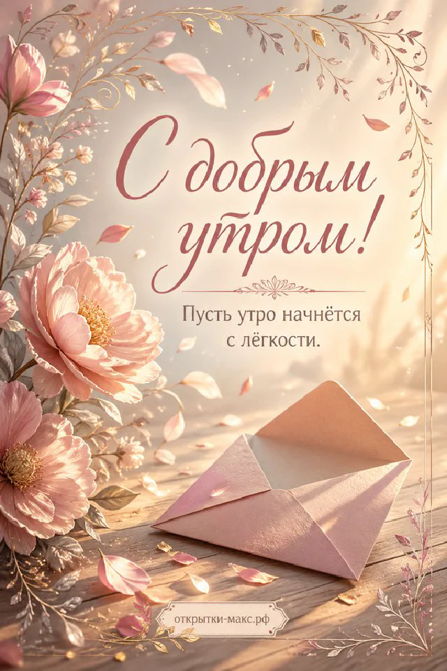 Чашка кофе и ваза с цветами на светлом столе, надпись «С добрым утром», акварель — вариант 6