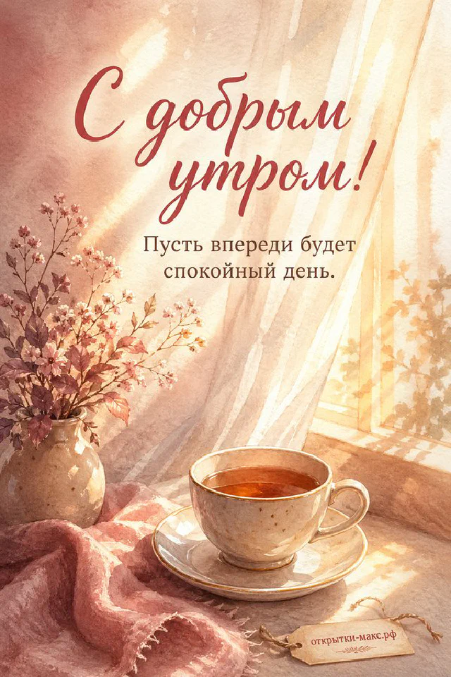 Кремовое бумажное письмо с пожеланием доброго утра, песочное печенье на блюдце и перламутровые лепестки на пастельном фоне с золотым узором — вариант 2