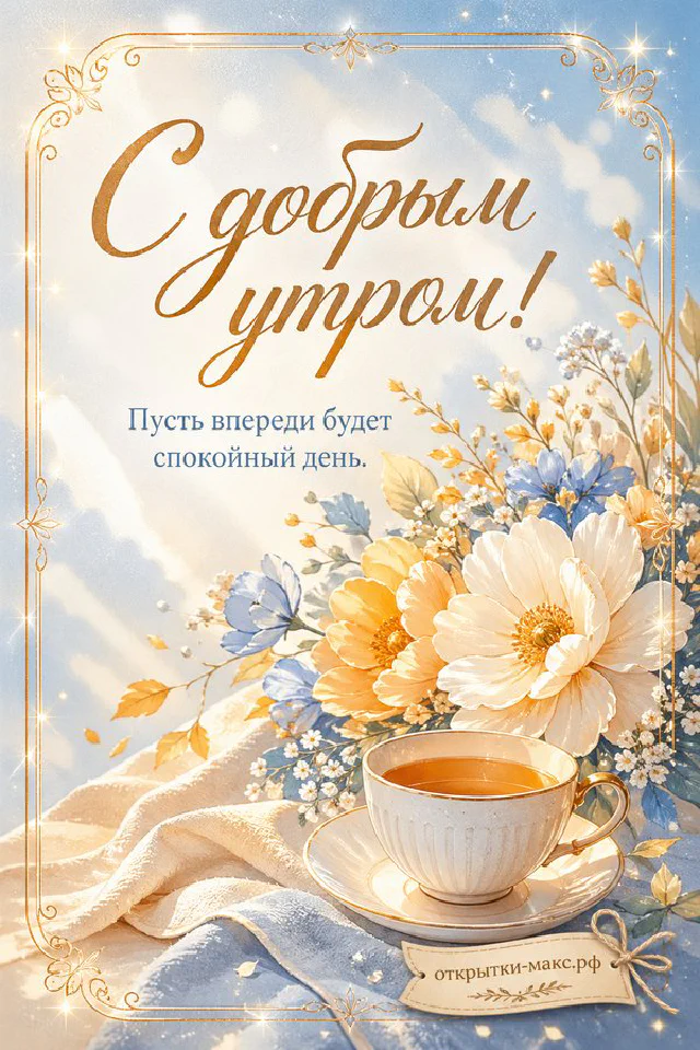 Кремовое бумажное письмо с пожеланием доброго утра, песочное печенье на блюдце и перламутровые лепестки на пастельном фоне с золотым узором — вариант 3