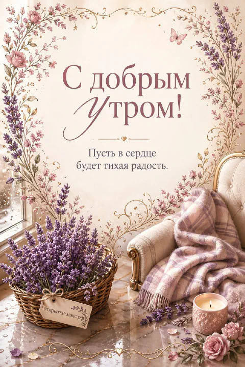 Корзина с садовыми цветами, свеча и плед на деревянной скамейке, надпись «С добрым утром»
