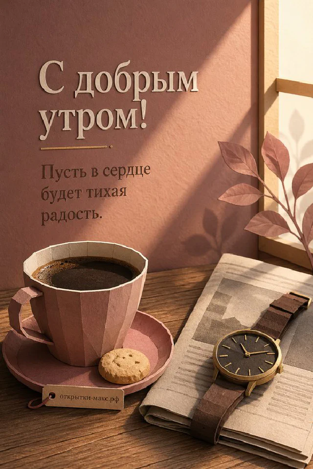 Корзина с садовыми цветами, свеча и плед на деревянной скамейке, надпись «С добрым утром» — вариант 2