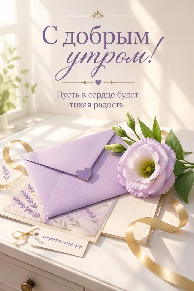 Корзина с садовыми цветами, свеча и плед на деревянной скамейке, надпись «С добрым утром» — вариант 3