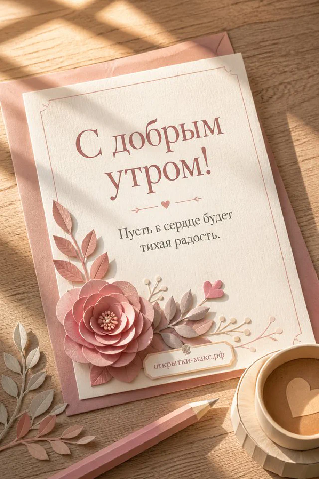 Корзина с садовыми цветами, свеча и плед на деревянной скамейке, надпись «С добрым утром» — вариант 5