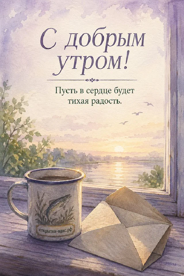 Корзина с садовыми цветами, свеча и плед на деревянной скамейке, надпись «С добрым утром» — вариант 6