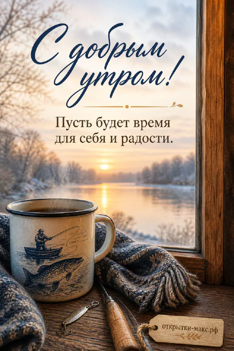 Эмалированная кружка с рисунком рыбака на подоконнике рядом с шарфом и блесной на фоне заснеженной реки и рассвета