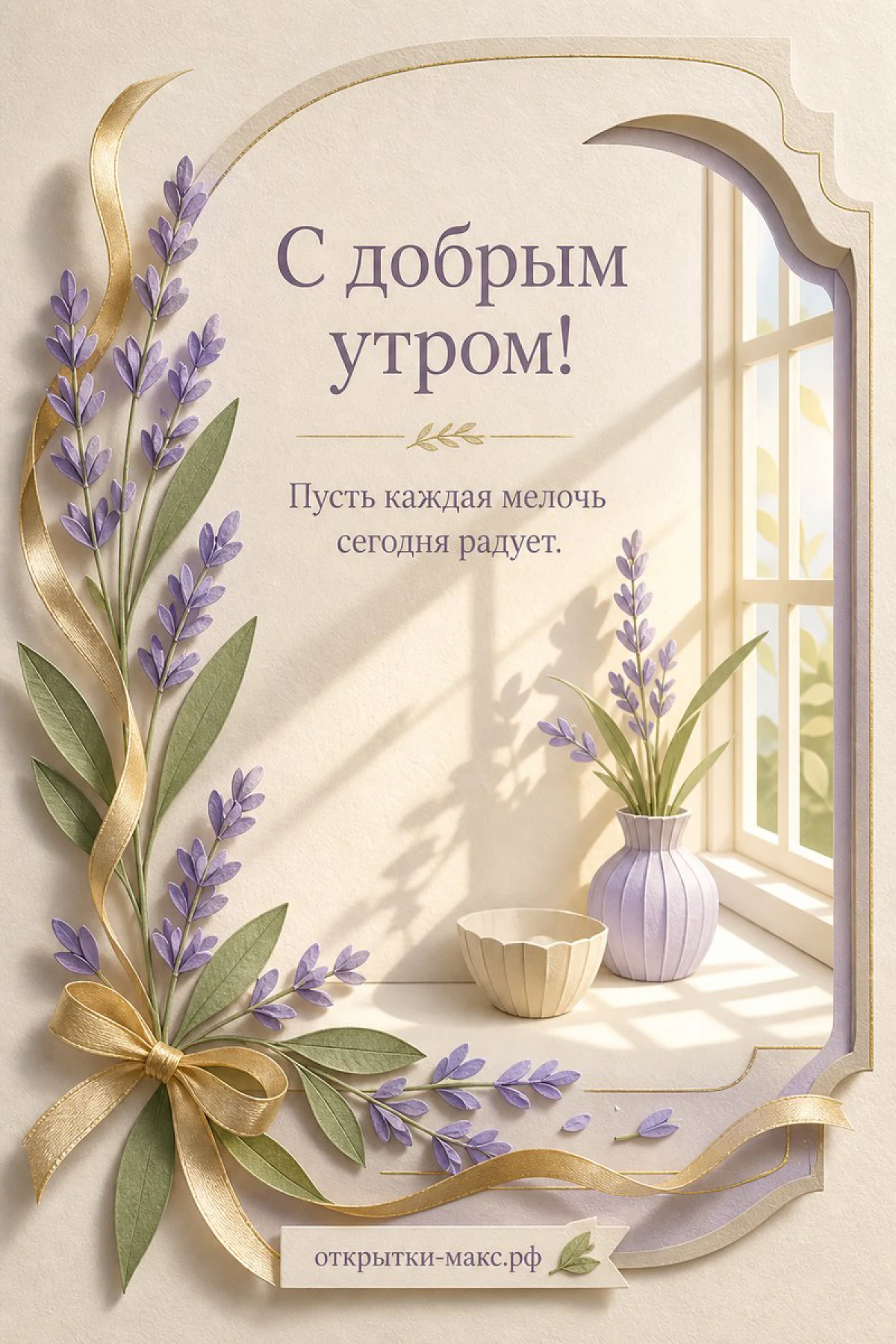 Букет лаванды с золотой лентой в углу рамки, вазочка с веточкой и чашка на подоконнике с тёплым утренним светом
