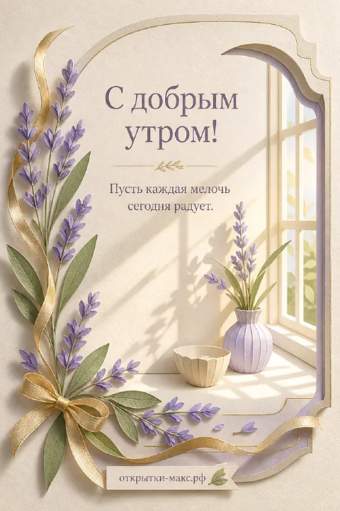 Букет лаванды с золотой лентой в углу рамки, вазочка с веточкой и чашка на подоконнике с тёплым утренним светом