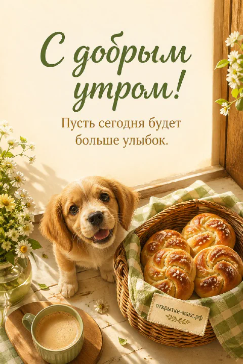 Маленький рыжий щенок смотрит в кадр рядом с плетёной корзиной свежих булочек, букетом ромашек и чашкой кофе