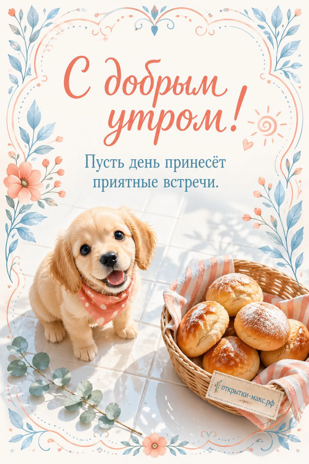 Золотистый щенок ретривера в розовой косынке у корзины с румяными булочками