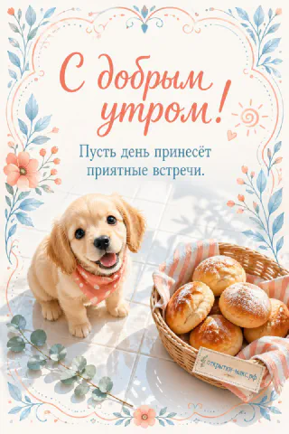 Золотистый щенок ретривера в розовой косынке у корзины с румяными булочками