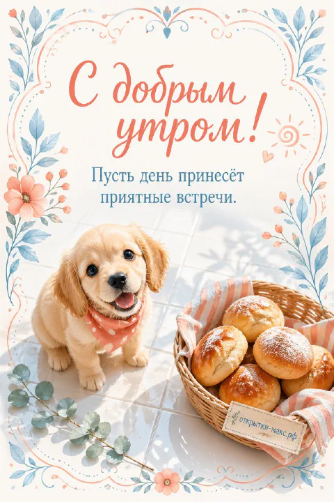 Золотистый щенок ретривера в розовой косынке у корзины с румяными булочками