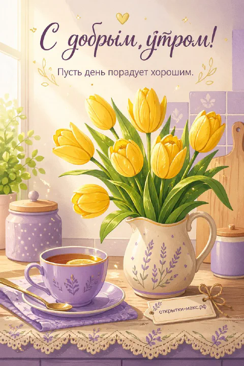 Кувшин с жёлтыми тюльпанами и сиреневая чашка чая с лимоном на кухонном столе с кружевной скатертью