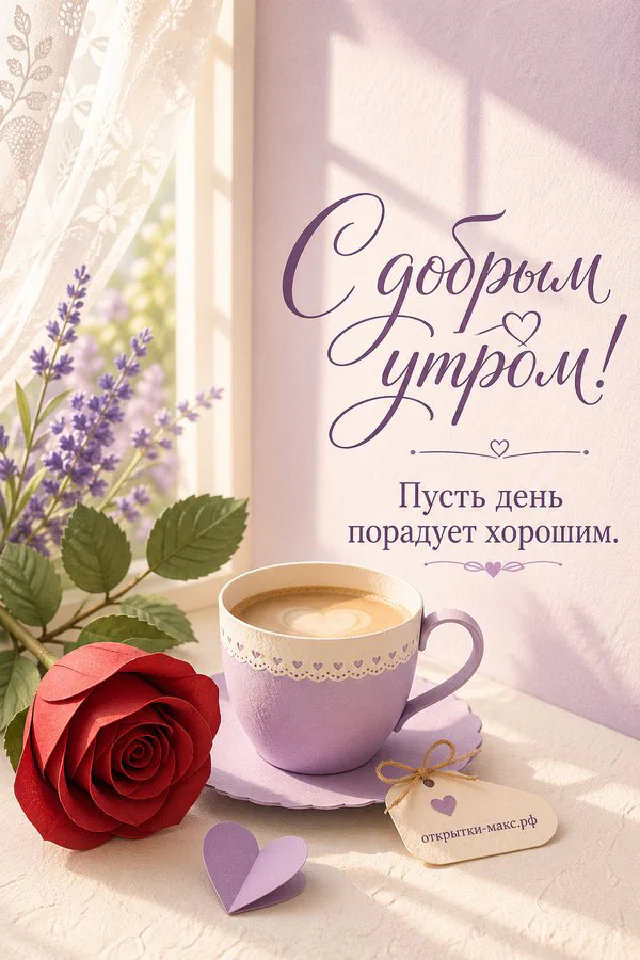 Кувшин с жёлтыми тюльпанами и сиреневая чашка чая с лимоном на кухонном столе с кружевной скатертью — вариант 3