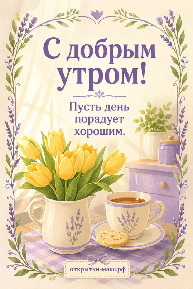 Кувшин с жёлтыми тюльпанами и сиреневая чашка чая с лимоном на кухонном столе с кружевной скатертью — вариант 2