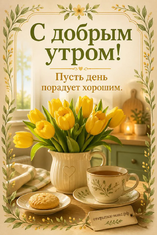 Кувшин с жёлтыми тюльпанами и сиреневая чашка чая с лимоном на кухонном столе с кружевной скатертью — вариант 5