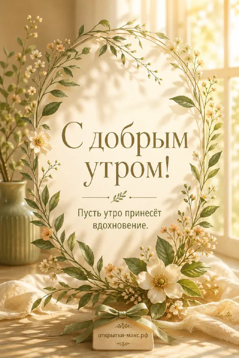 Открытка с вазой полевых цветов на окне и надписью «С добрым утром»