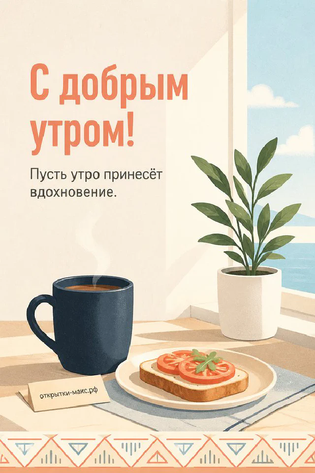 Открытка с вазой полевых цветов на окне и надписью «С добрым утром» — вариант 3