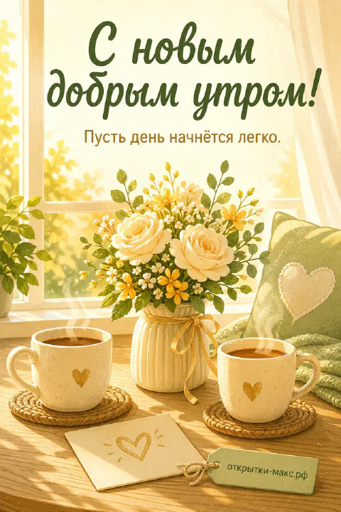 Букет кремовых роз в кувшине, две керамические чашки кофе с сердечками и записка на залитом солнцем подоконнике