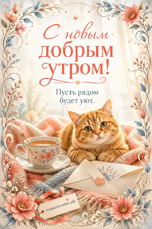 Рыжий кот на розовом пледе у чашки чая и конверта в нежной цветочной рамке — вариант 2