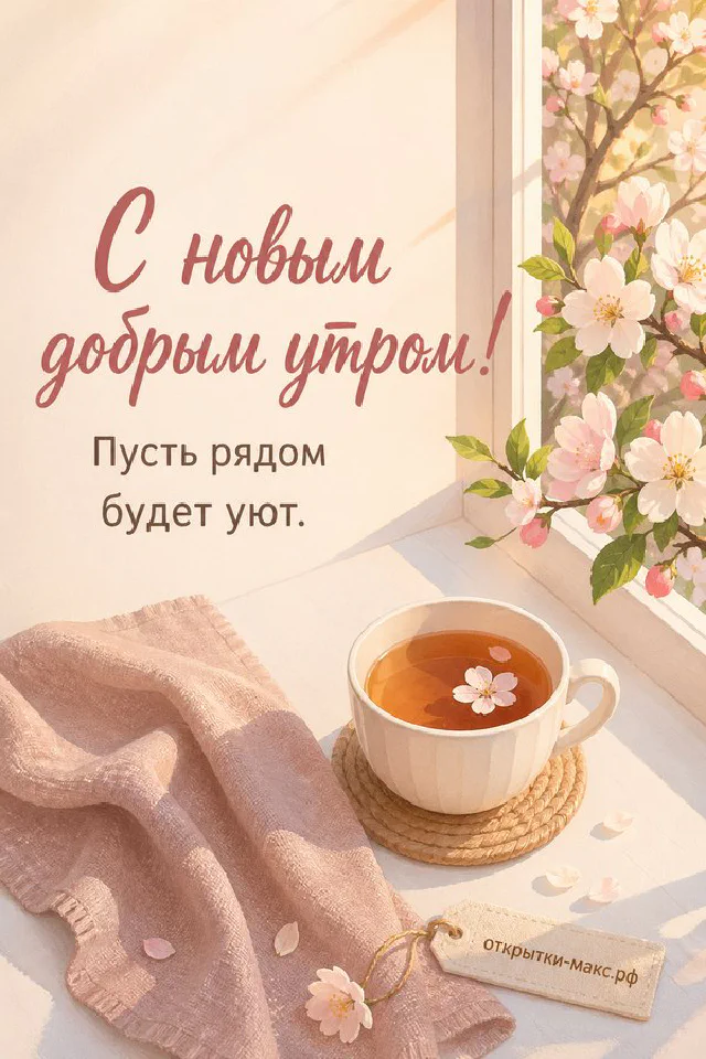 Рыжий кот на розовом пледе у чашки чая и конверта в нежной цветочной рамке — вариант 3