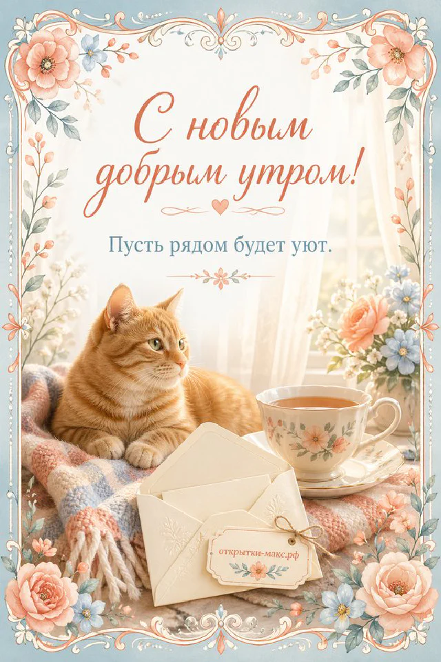 Рыжий кот на розовом пледе у чашки чая и конверта в нежной цветочной рамке — вариант 4