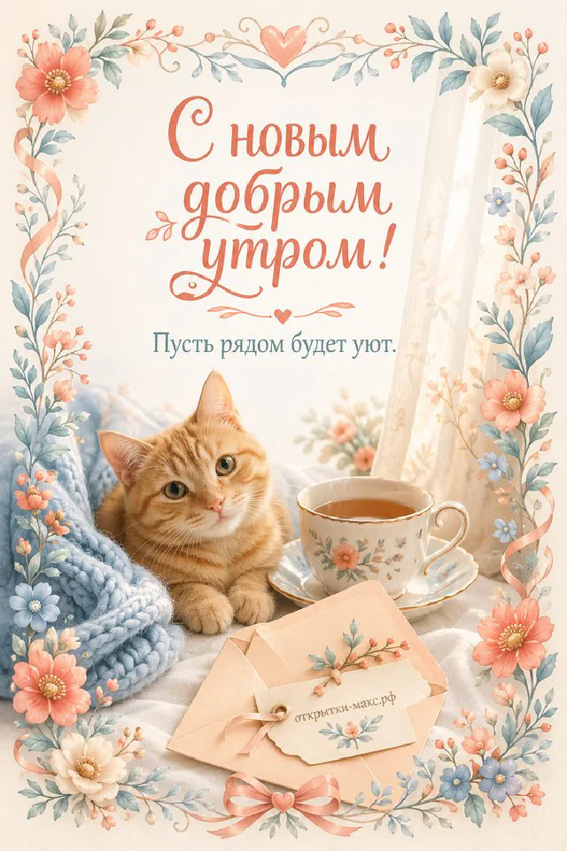 Рыжий кот на розовом пледе у чашки чая и конверта в нежной цветочной рамке — вариант 6