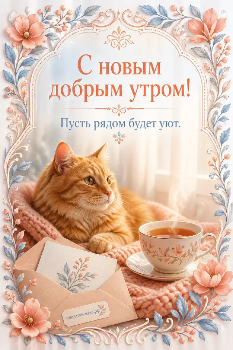 Рыжий кот на розовом пледе у чашки чая и конверта в нежной цветочной рамке