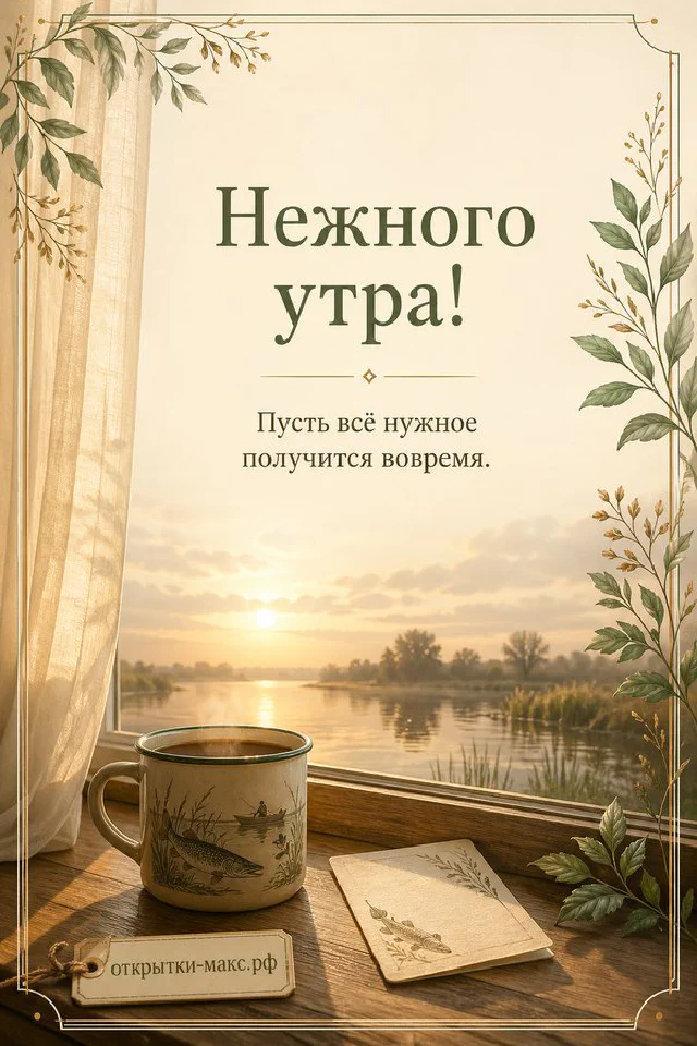 Белая садовая калитка приоткрыта, вокруг цветущие ветви розовых цветов, утренний свет льётся между деревьями — вариант 3