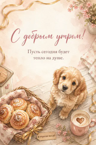 Акварельная открытка: рыжий щенок-кокер сидит рядом с корзинкой булочек и розовой кружкой латте