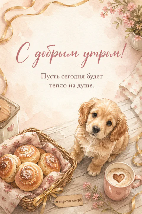 Акварельная открытка: рыжий щенок-кокер сидит рядом с корзинкой булочек и розовой кружкой латте