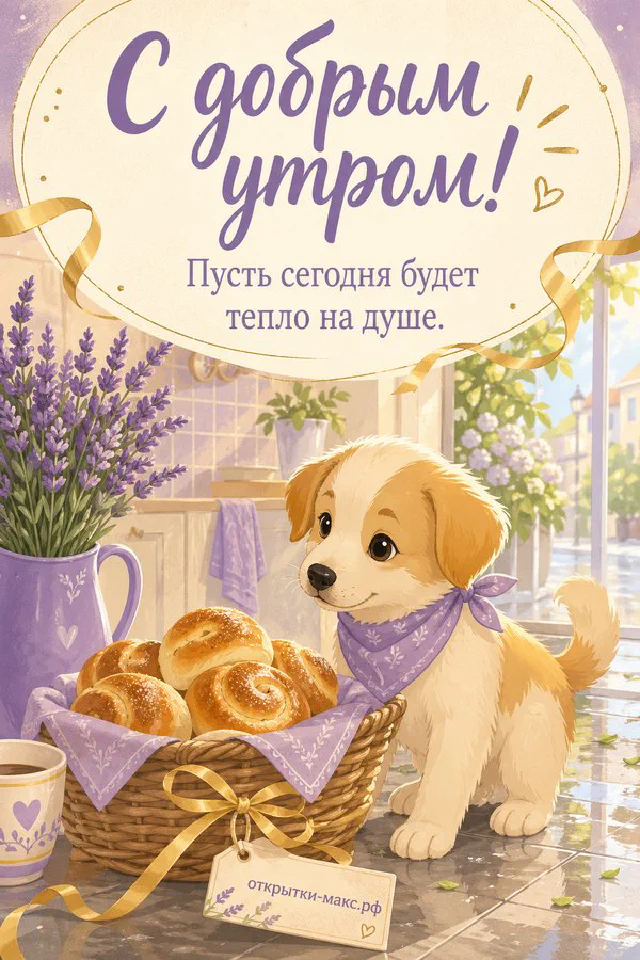 Акварельная открытка: рыжий щенок-кокер сидит рядом с корзинкой булочек и розовой кружкой латте — вариант 7