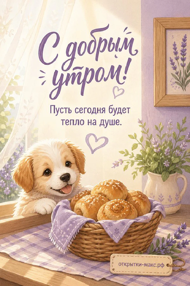 Акварельная открытка: рыжий щенок-кокер сидит рядом с корзинкой булочек и розовой кружкой латте — вариант 4