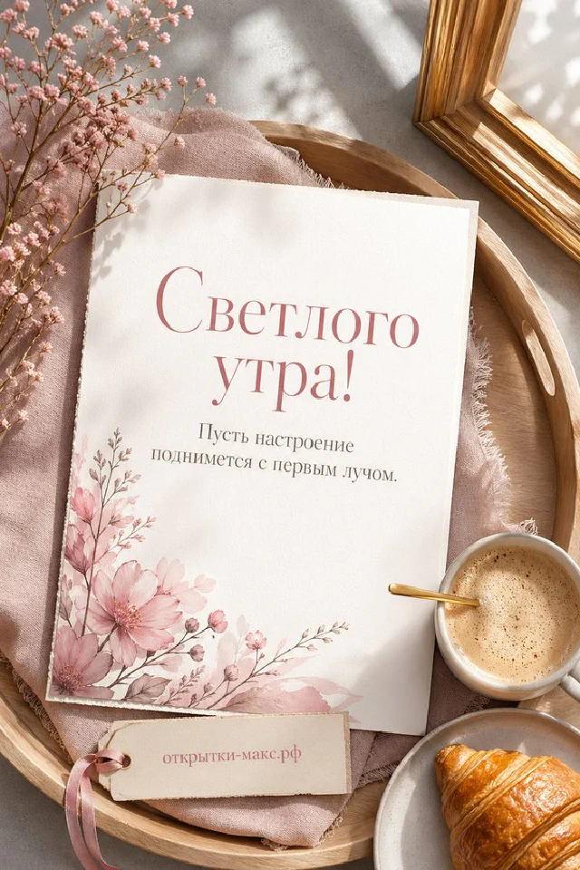 Синица на ветке цветущей сирени у окна, белая чашка чая и круглое печенье с надписью «Светлого утра» — вариант 2