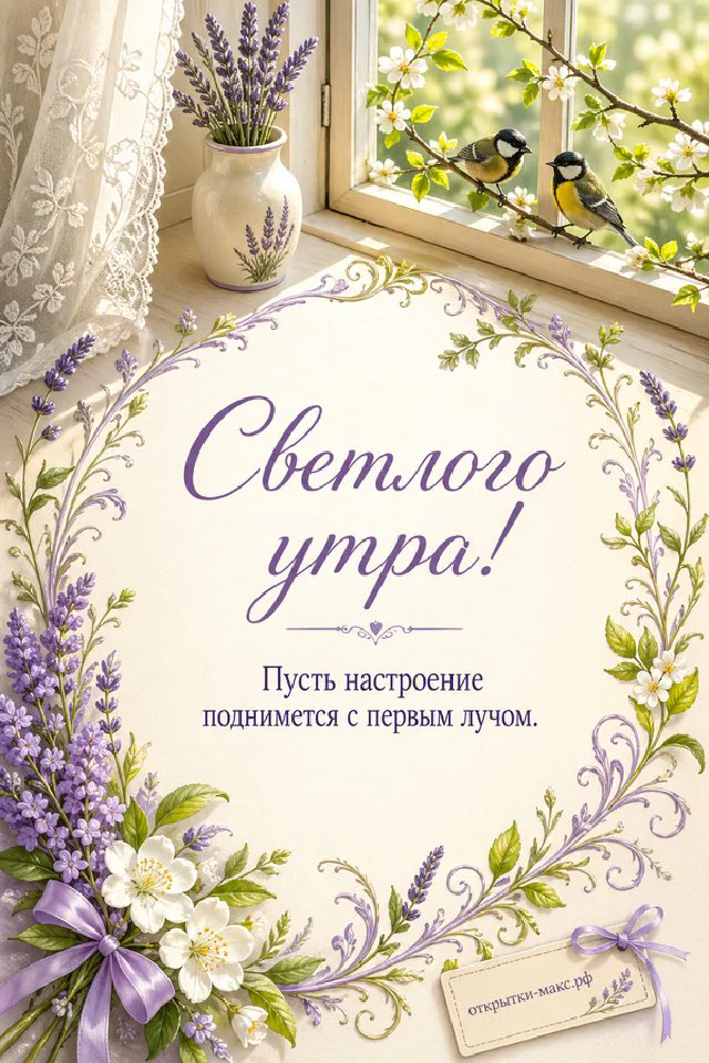 Синица на ветке цветущей сирени у окна, белая чашка чая и круглое печенье с надписью «Светлого утра» — вариант 3