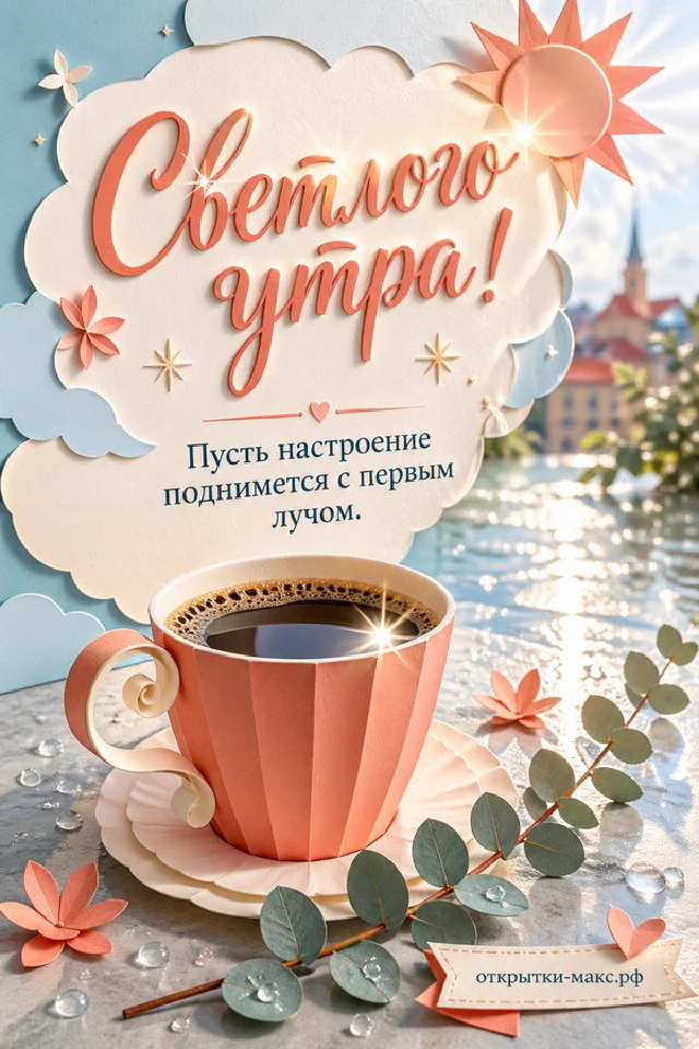 Синица на ветке цветущей сирени у окна, белая чашка чая и круглое печенье с надписью «Светлого утра» — вариант 4