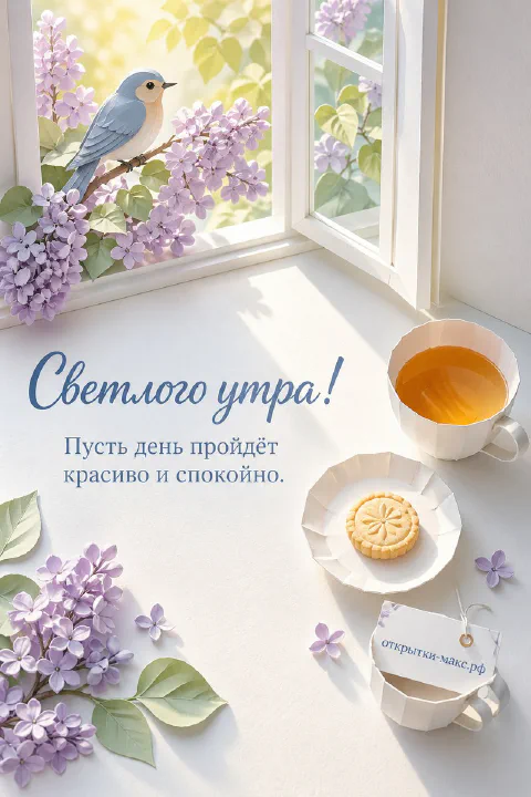 Синяя птичка на ветке сирени за окном, чашка чая и круглое печенье на белом подоконнике, надпись «Светлого утра»
