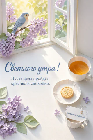 Синяя птичка на ветке сирени за окном, чашка чая и круглое печенье на белом подоконнике, надпись «Светлого утра»
