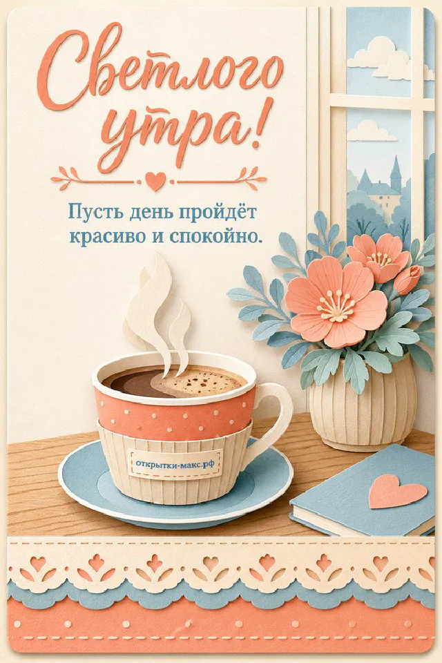 Синяя птичка на ветке сирени за окном, чашка чая и круглое печенье на белом подоконнике, надпись «Светлого утра» — вариант 2