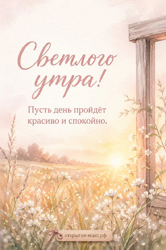 Синяя птичка на ветке сирени за окном, чашка чая и круглое печенье на белом подоконнике, надпись «Светлого утра» — вариант 3