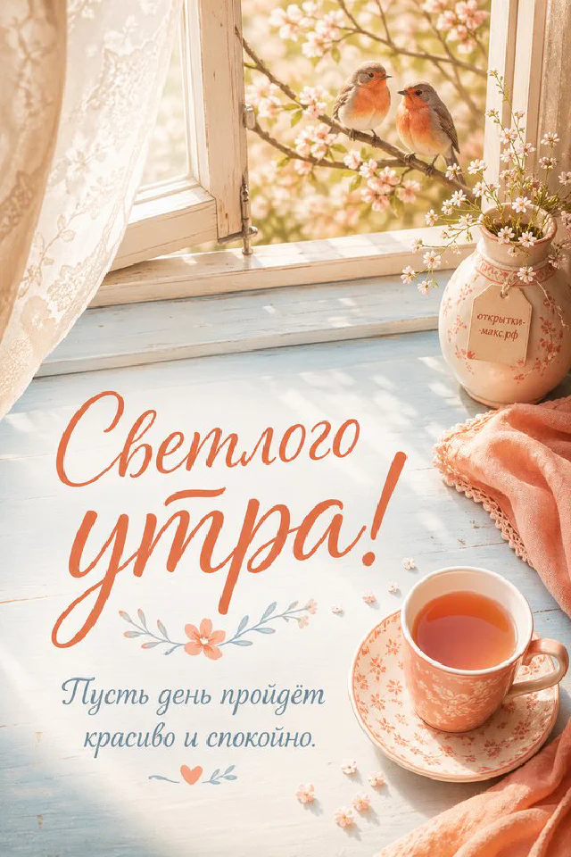 Синяя птичка на ветке сирени за окном, чашка чая и круглое печенье на белом подоконнике, надпись «Светлого утра» — вариант 4