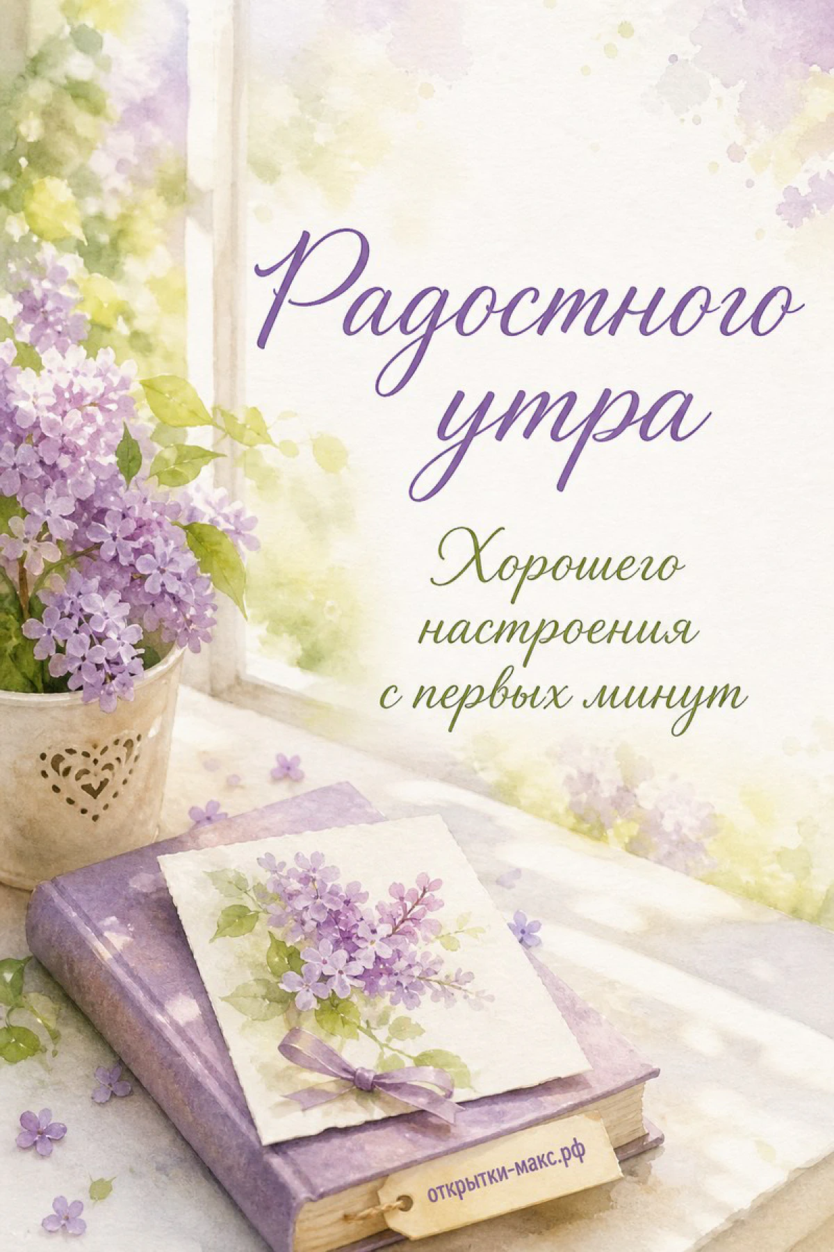 Акварельная открытка с фиолетовой сиренью в вазе, книгой с цветком и окном с утренним светом