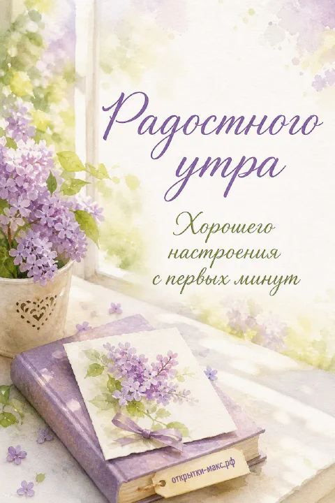 Акварельная открытка с фиолетовой сиренью в вазе, книгой с цветком и окном с утренним светом