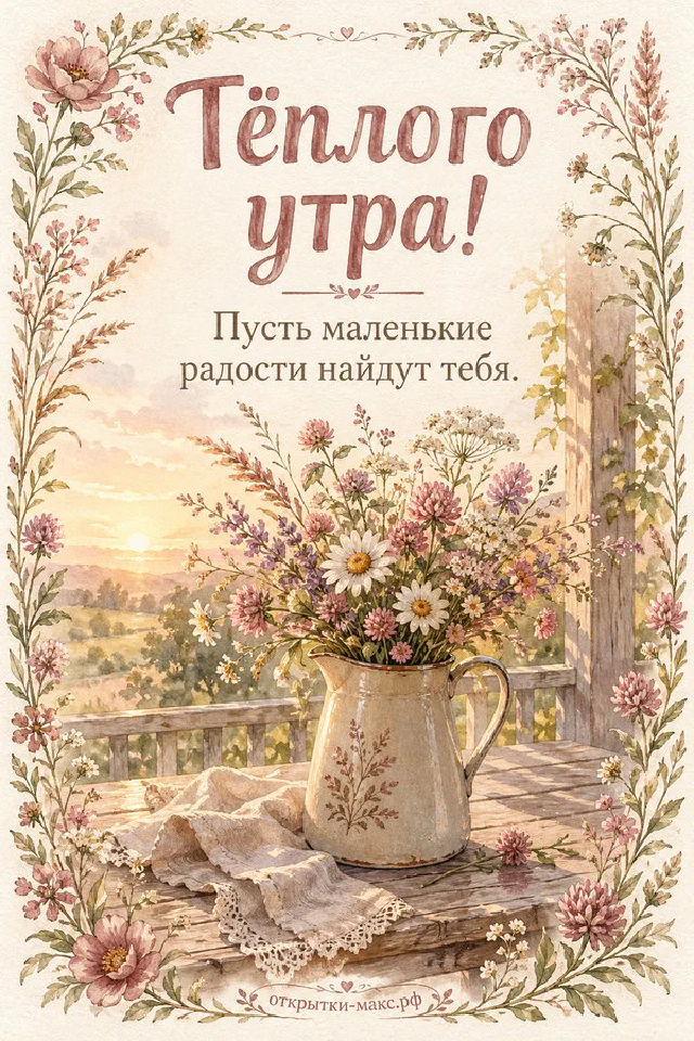 Акварельная открытка с сиренью в белом кувшине, горящей свечой и открытым окном с видом на весенний сад — вариант 3