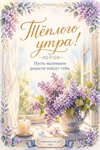Акварельная открытка с сиренью в белом кувшине, горящей свечой и открытым окном с видом на весенний сад