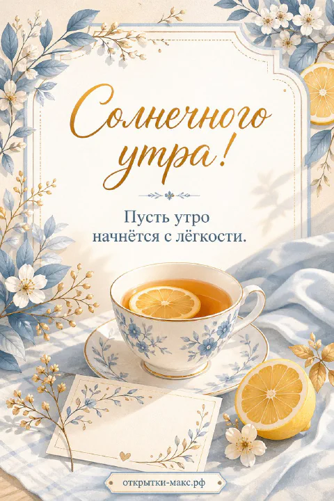 Голубая фарфоровая чашка чая с лимоном, белые цветы и лимонные дольки на светлой ткани, акварельная открытка