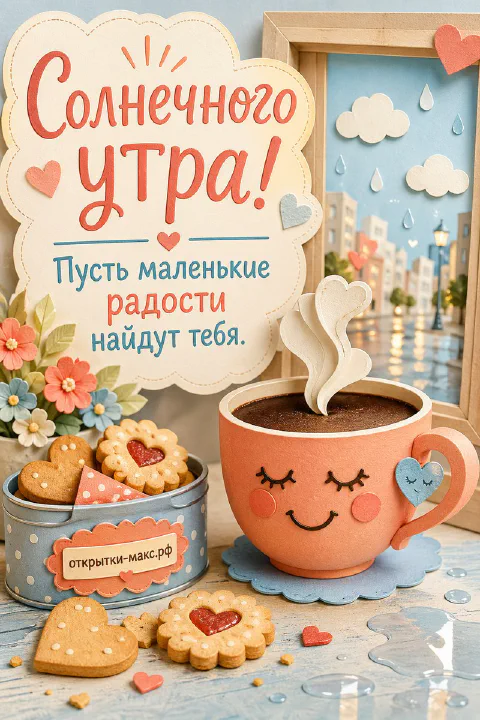 Большая оранжевая чашка кофе с нарисованной улыбкой и печеньем в форме сердечек, яркая открытка доброе утро