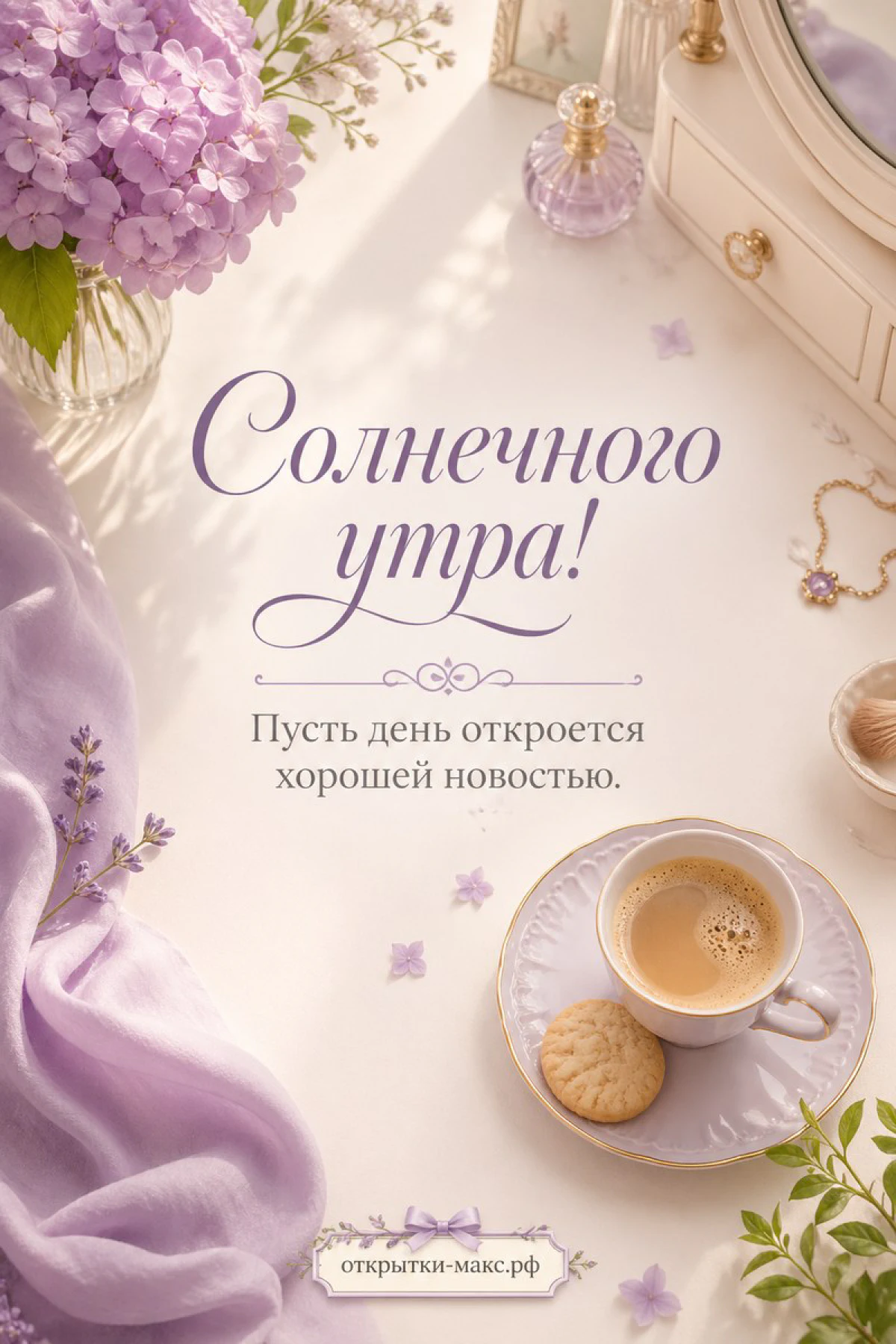 Чашка кофе с печеньем на фоне букета сирени, флакон духов, открытка солнечного утра на сиреневом фоне